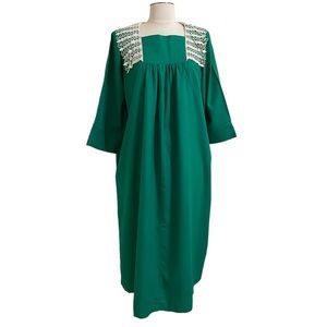 VINTAGE 60s Eliza Green Raw Silk Midi Dress Lace Collar Size 12